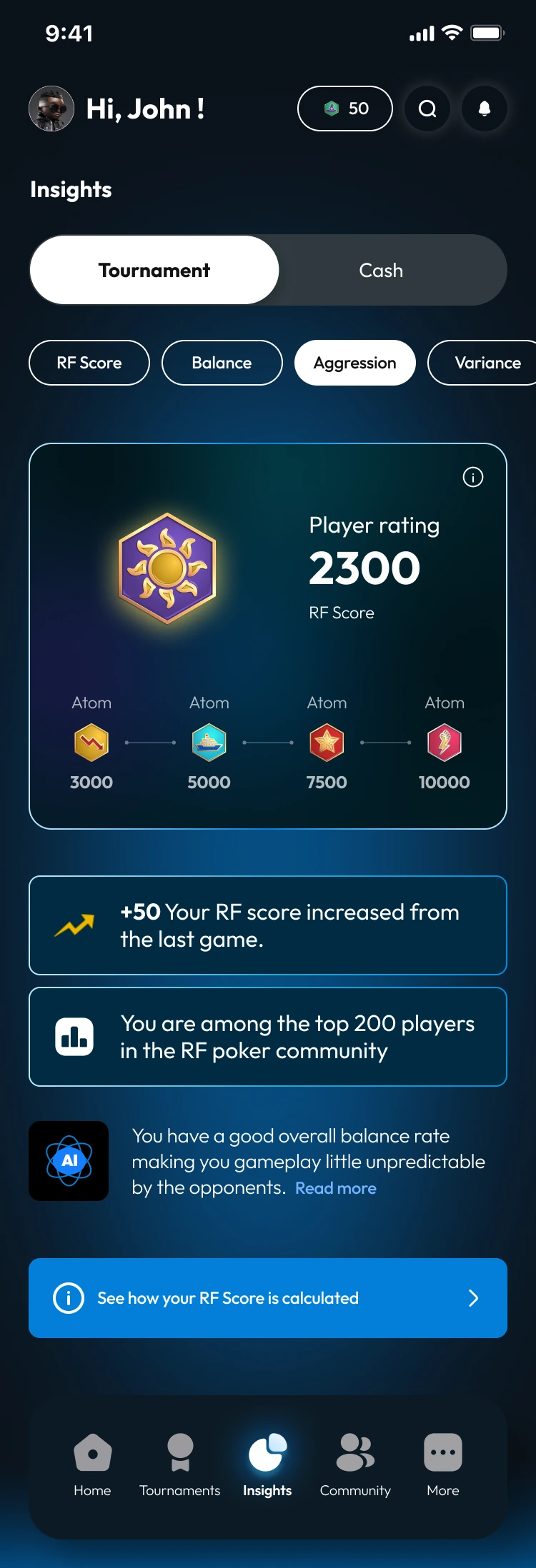 RF Mobile insights showing a player score, milestones, and progress after a game