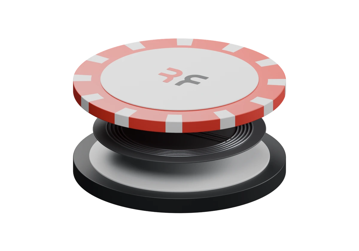 Conceptual exploded illustration of a ceramic poker chip and its embedded RFID inlay