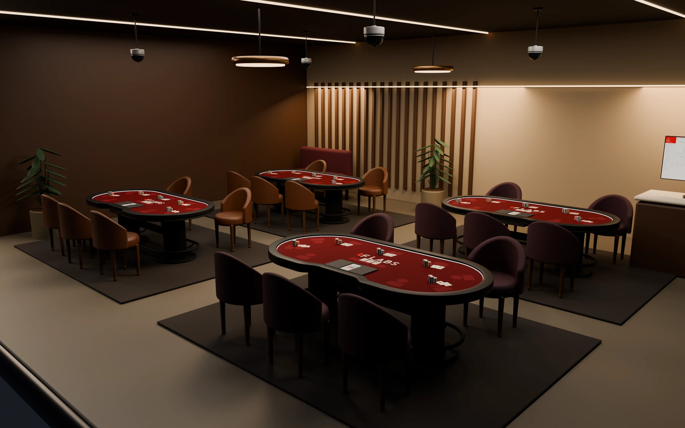 RF Labs poker room with twin-pedestal tables and a ceiling-hung security camera centered above each table